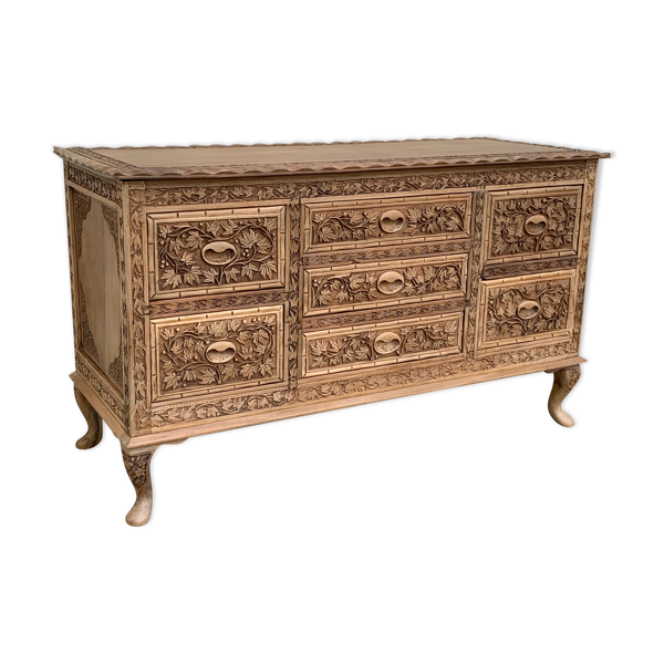 Commode vintage basse Padouk Massif sculpté 1950