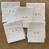 5 country tea towels in BM monogram linen damask.