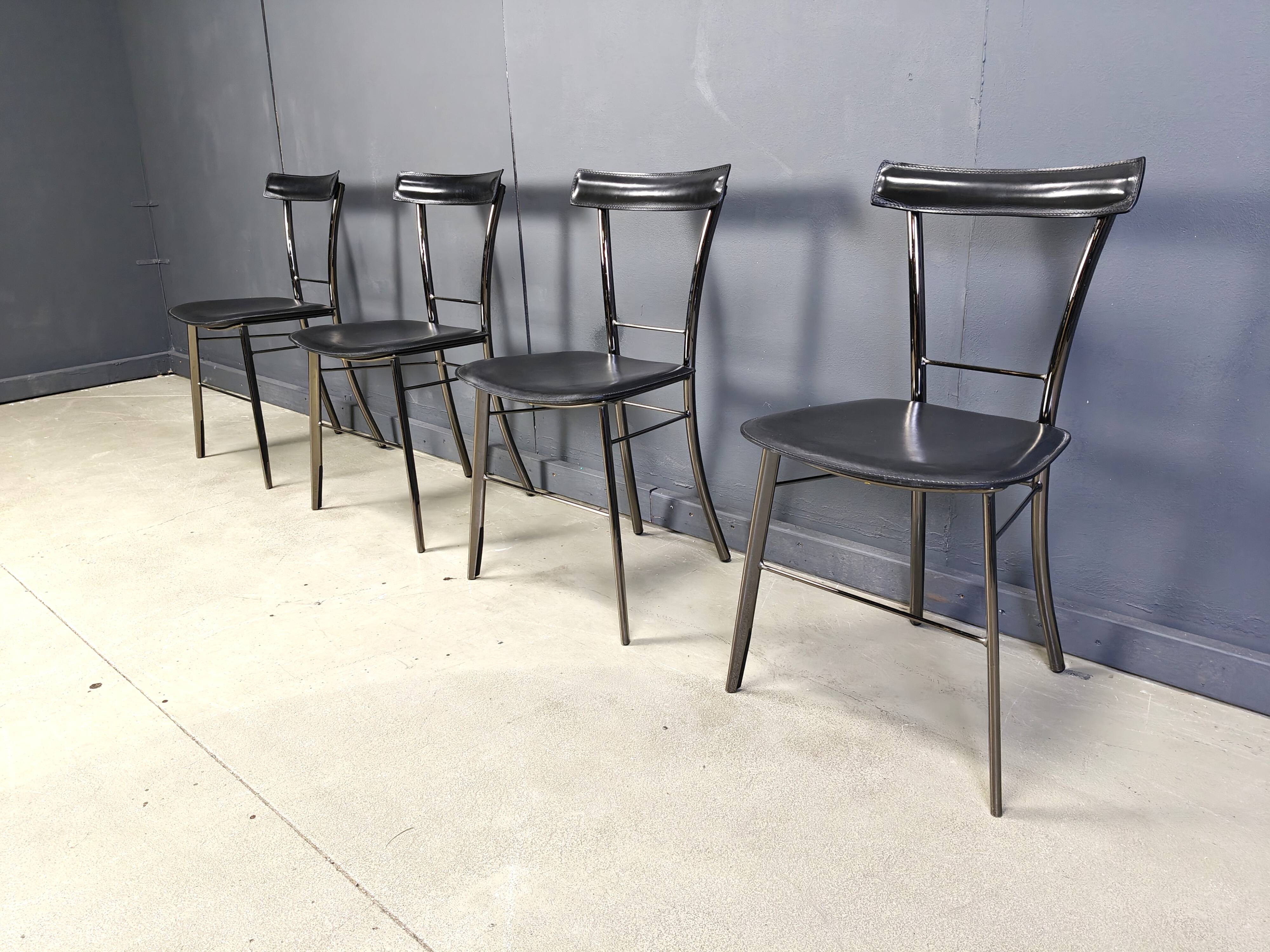 Vintage black leather dining chairs by Arrben Italy, 1980s - set of 4