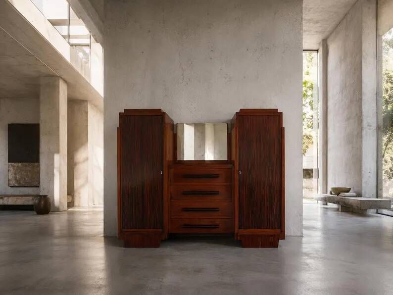 Art Deco furniture, Art Deco wooden sideboard with mirror, storage furniture, interior decoration.
