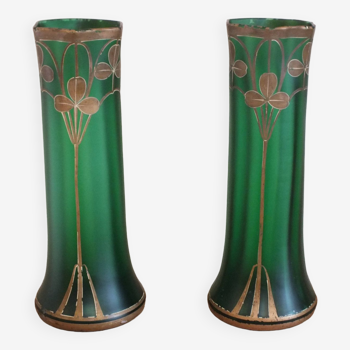 Pair of large Art Nouveau vases in enameled painted glass with clover decoration