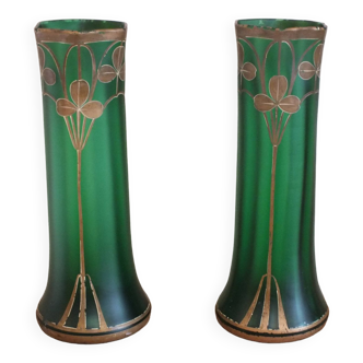 Pair of large Art Nouveau vases in enameled painted glass with clover decoration