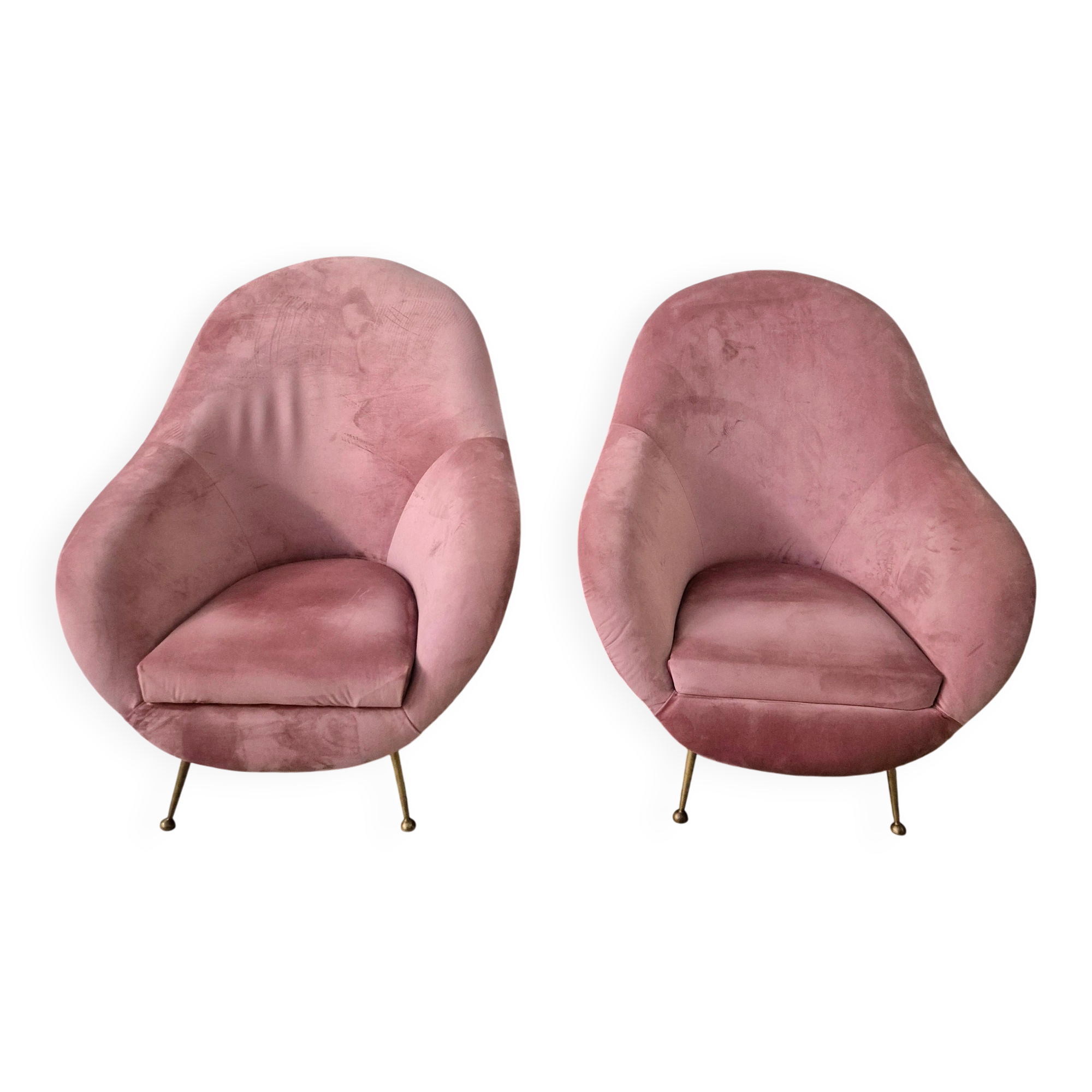 An elegant pair of armchairs with brass legs, Italy from the mid-20th century.