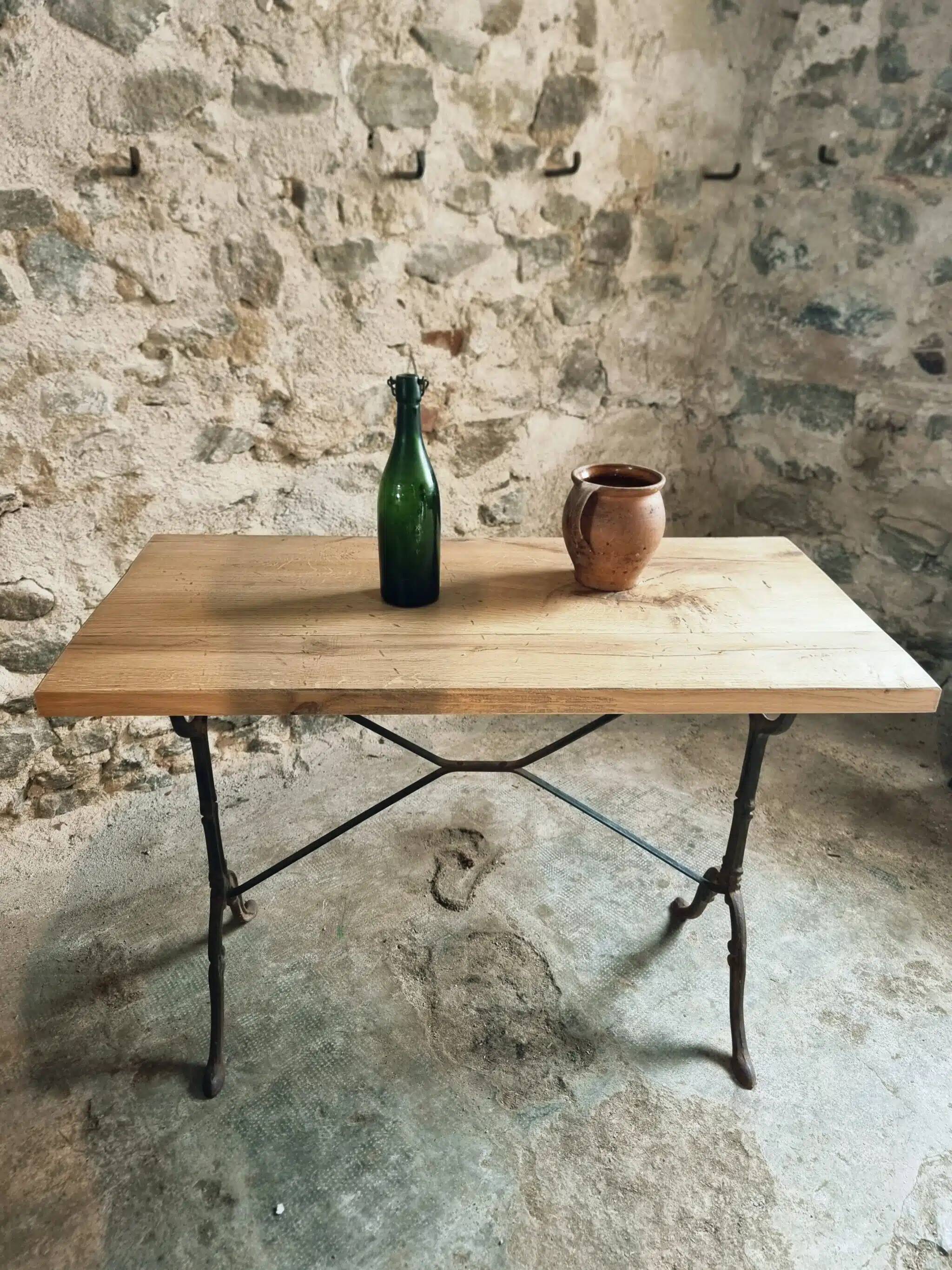 Vintage French bistro table - 1960s/70s cast iron base with solid oak top - retro coffee or wine table