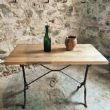 Vintage French bistro table - 1960s/70s cast iron base with solid oak top - retro coffee or wine table
