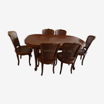 Dining room cherry table plus 6 chairs plus bahut 5 doors above solid marble