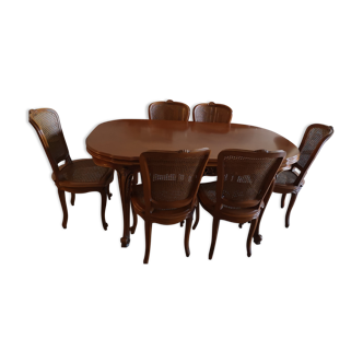 Dining room cherry table plus 6 chairs plus bahut 5 doors above solid marble
