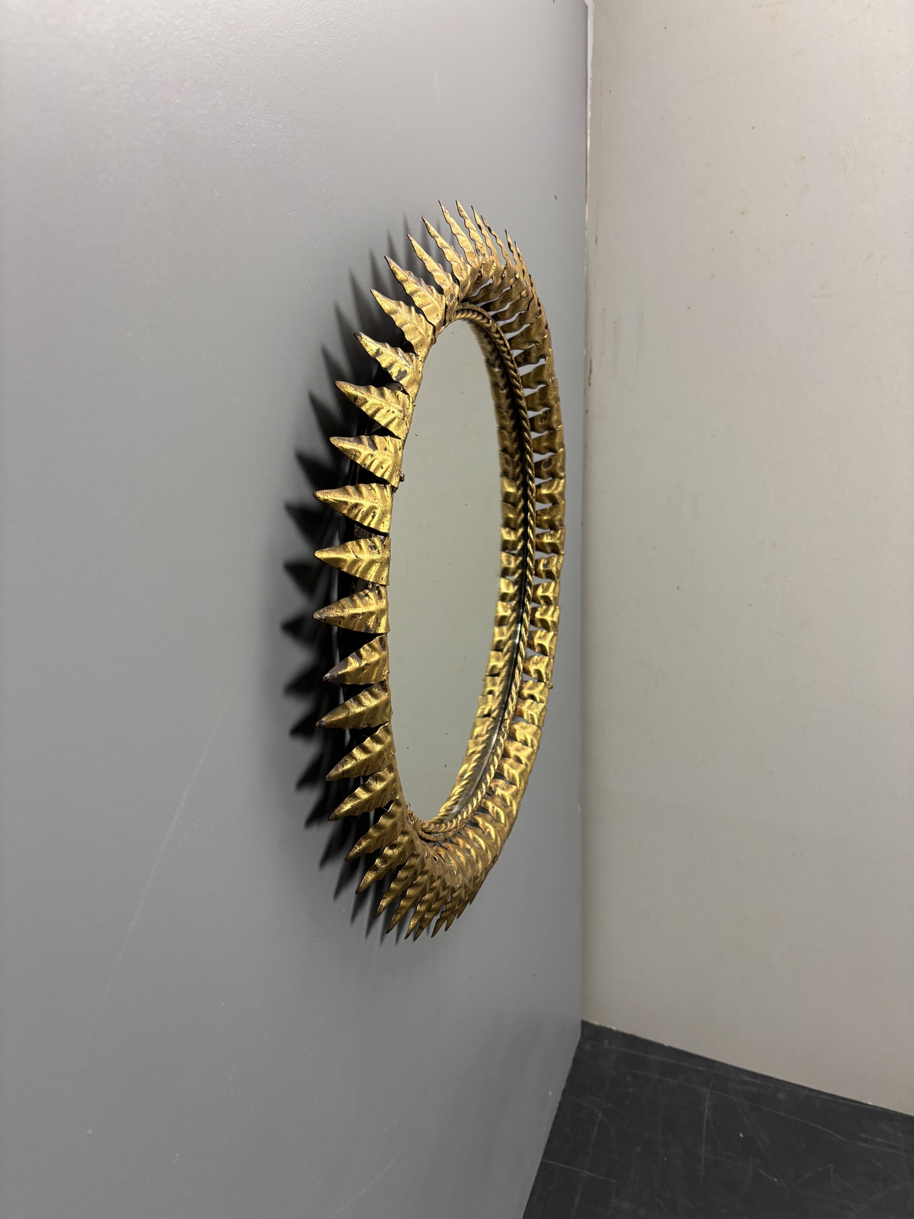 Midcentury bohemian Hollywood Regency Spanish gilt metal sun mirror, 1960s