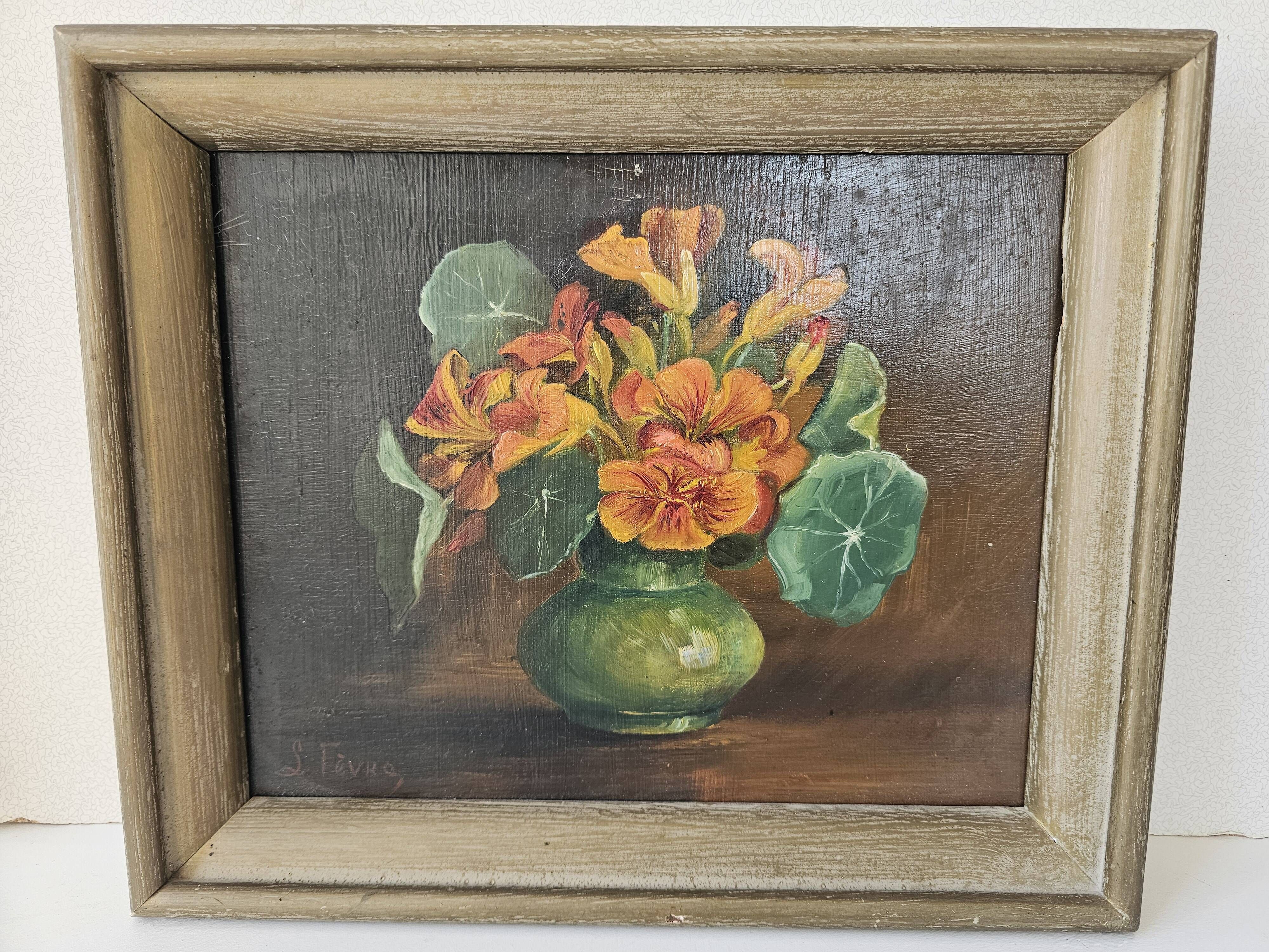 Tableau Huile sur Panneau bouquet de fleurs capucines dans vase Signé L. Fè
