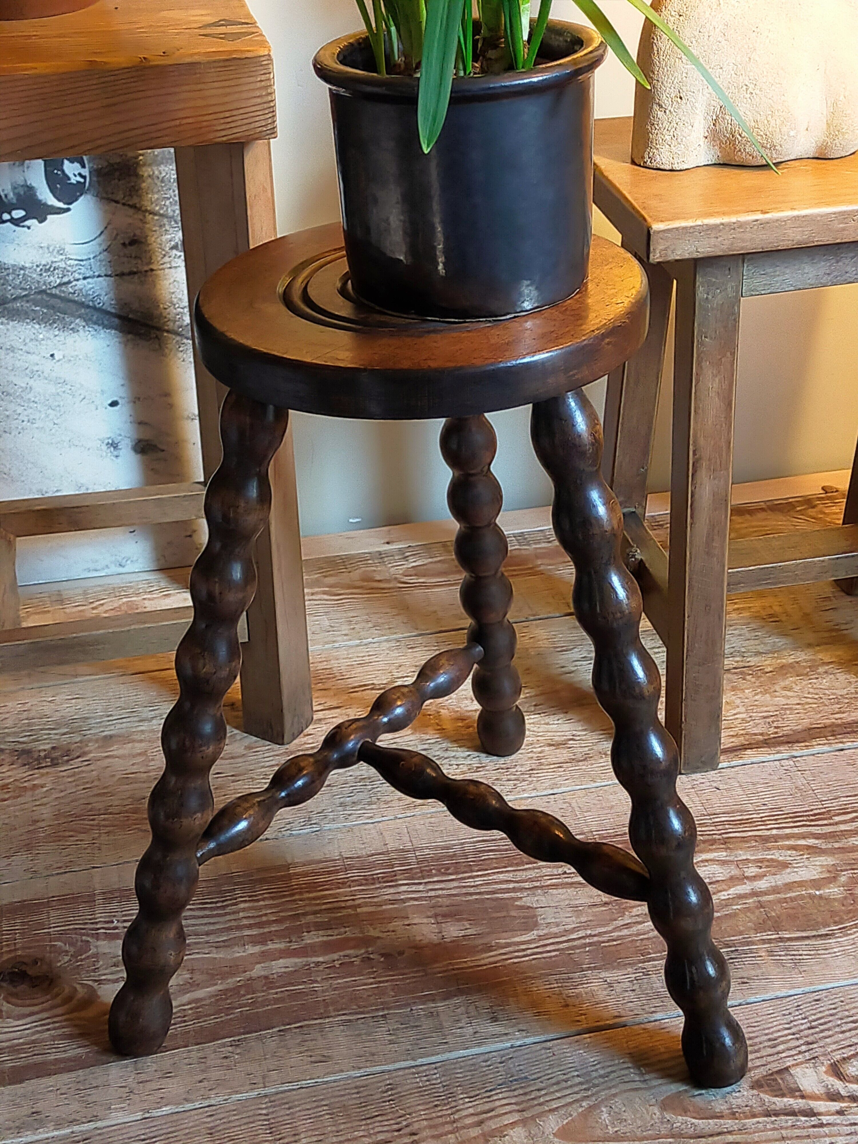 Tripod stool solid wood turned vintage