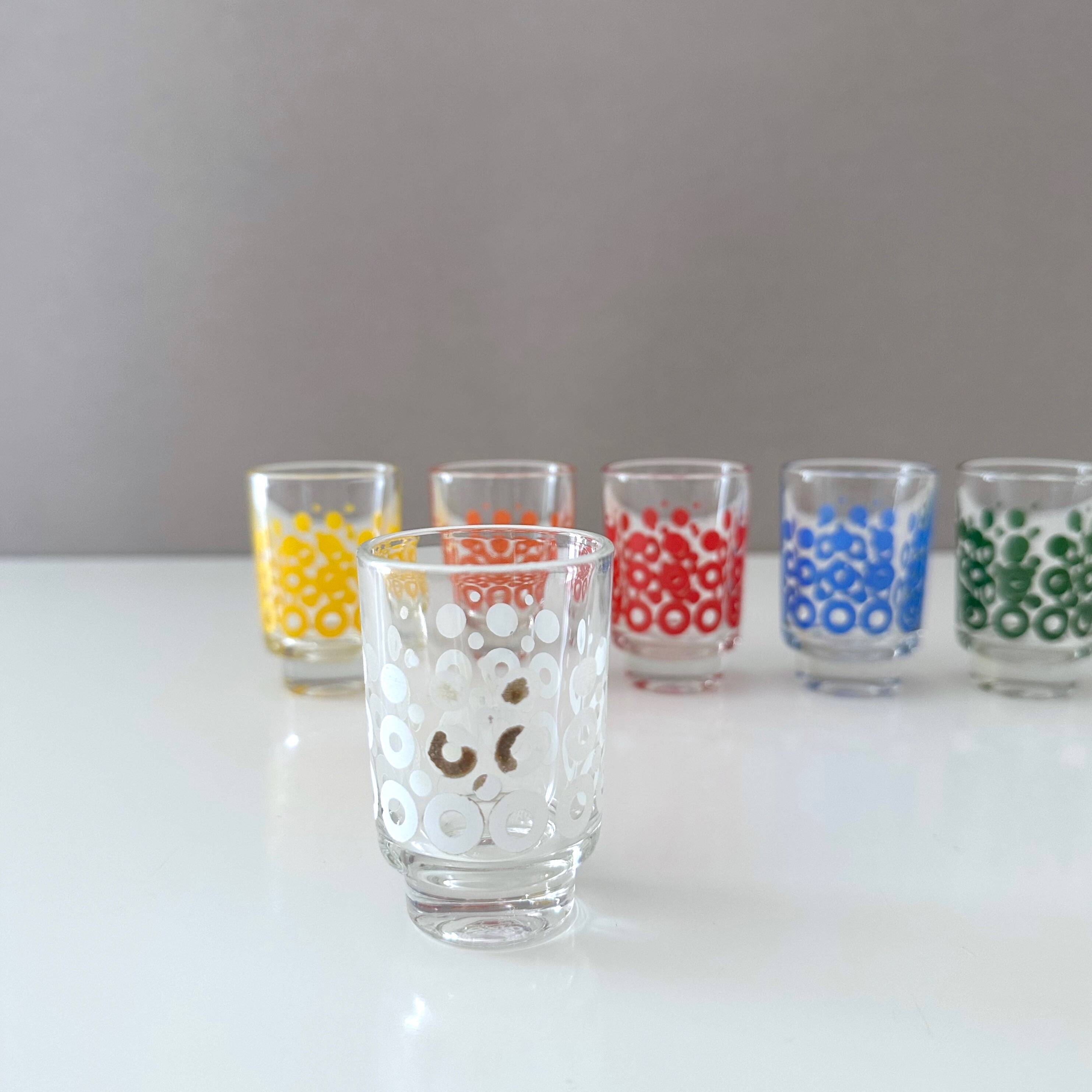6 colourful vintage glasses, shot glasses Glashütte, 70's