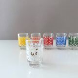 6 colourful vintage glasses, shot glasses Glashütte, 70's