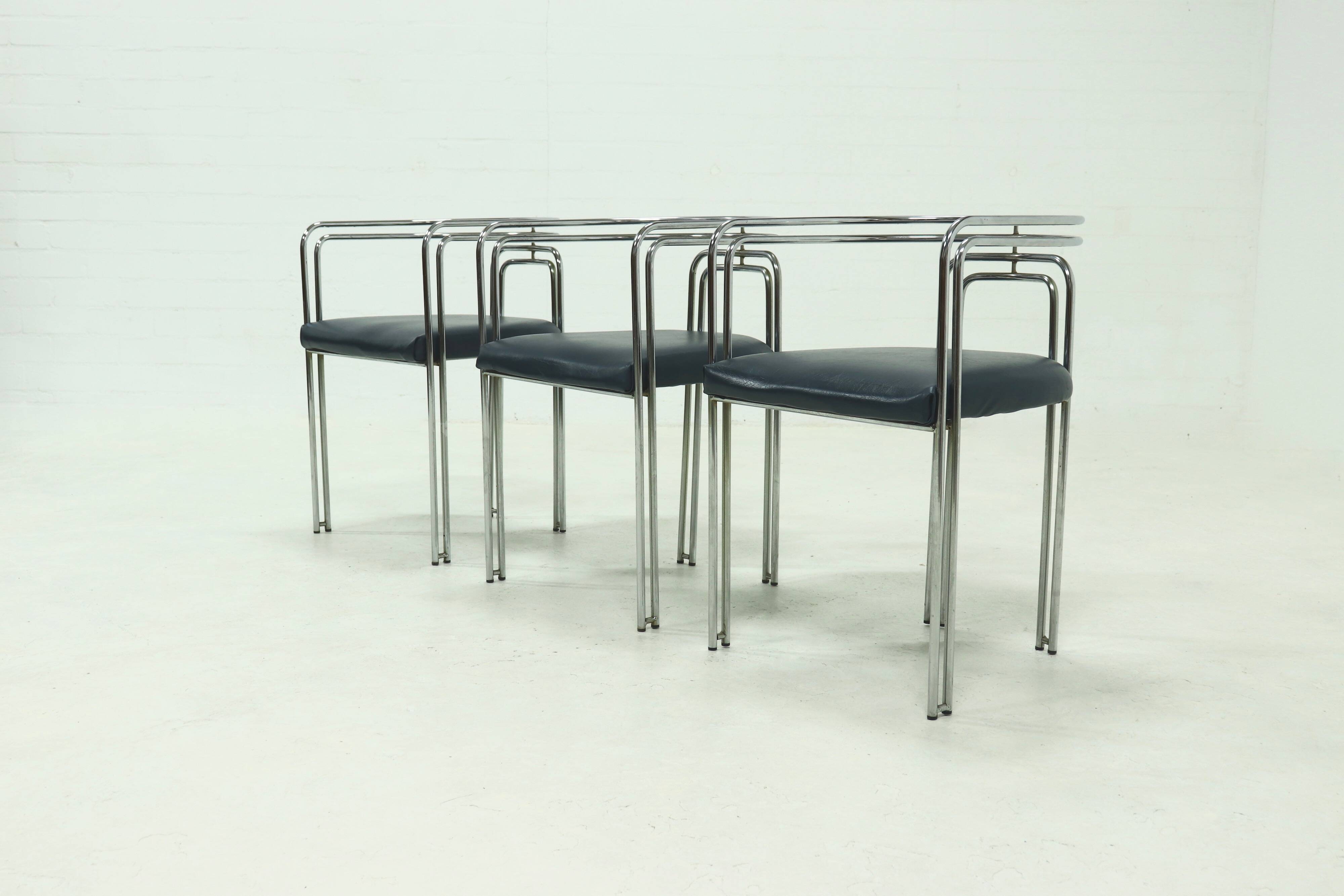 Set of 3 Chromed Steel Dining Chairs, France 1970s