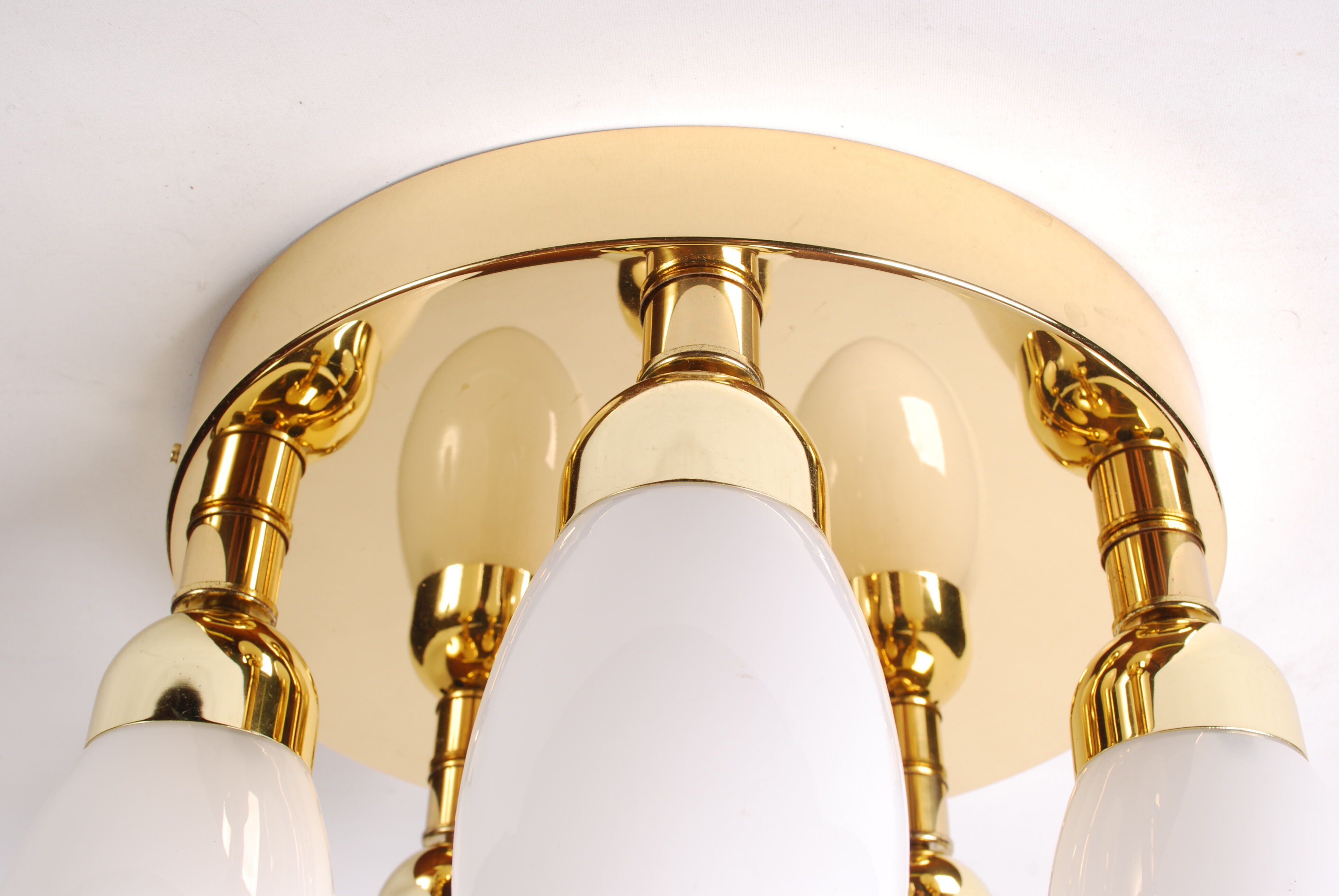 sputnik flush mount, atomic brass ceiling fixture with six opaline cone shaped globes, 1970's