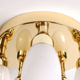 sputnik flush mount, atomic brass ceiling fixture with six opaline cone shaped globes, 1970's