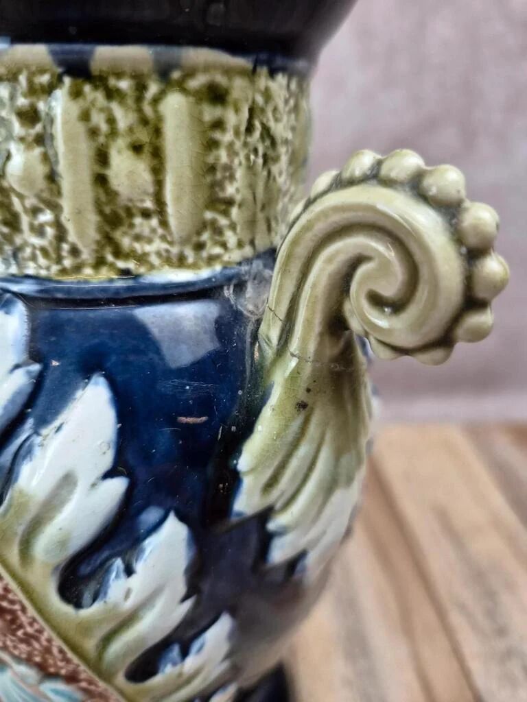 Gustave De Bruyne barbotine vase Fives Lille with an old floral decoration and stylised handles.