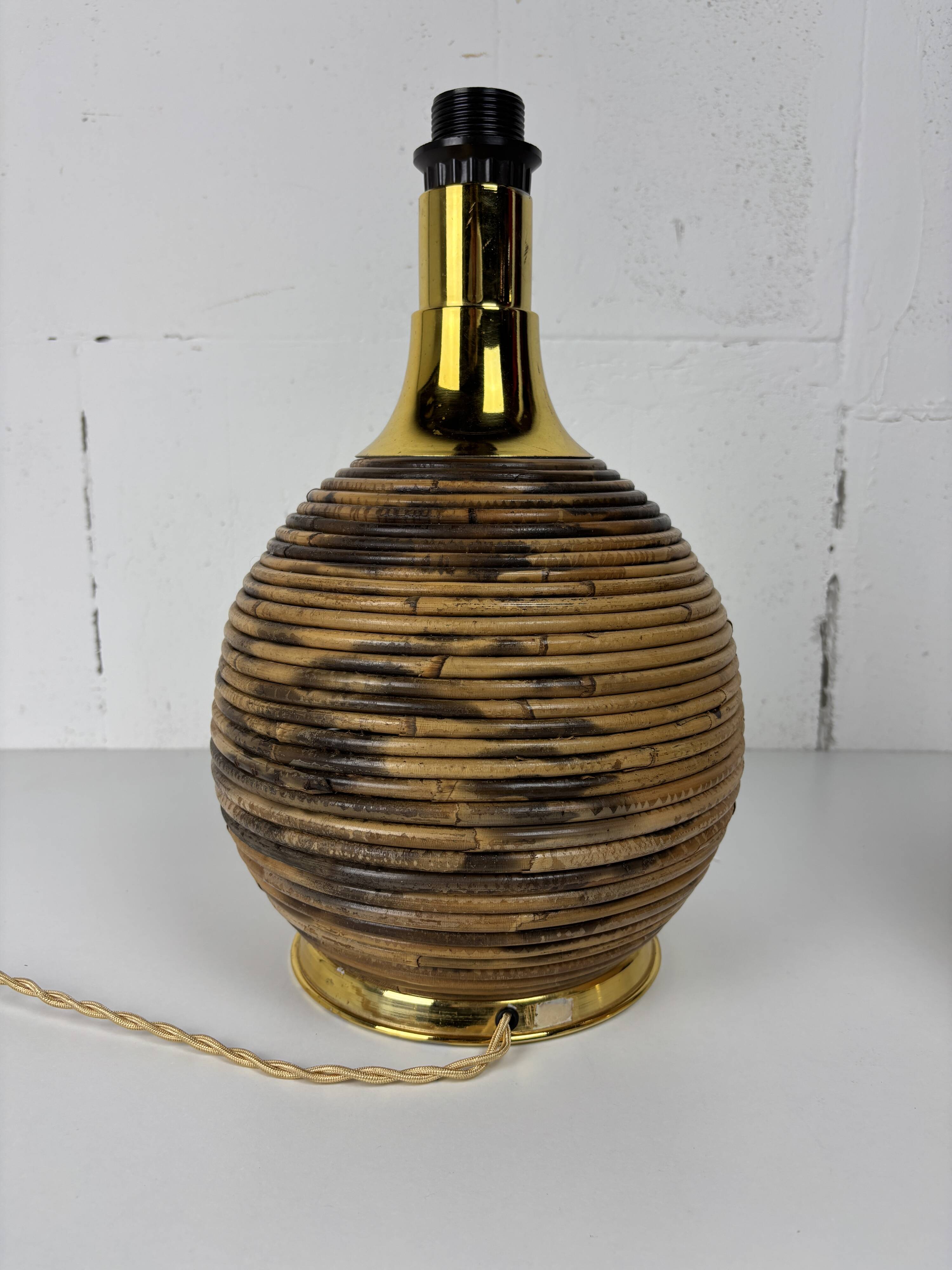 Large midcentury pencil reed rattan bamboo and brass table lamp Italy 1970s