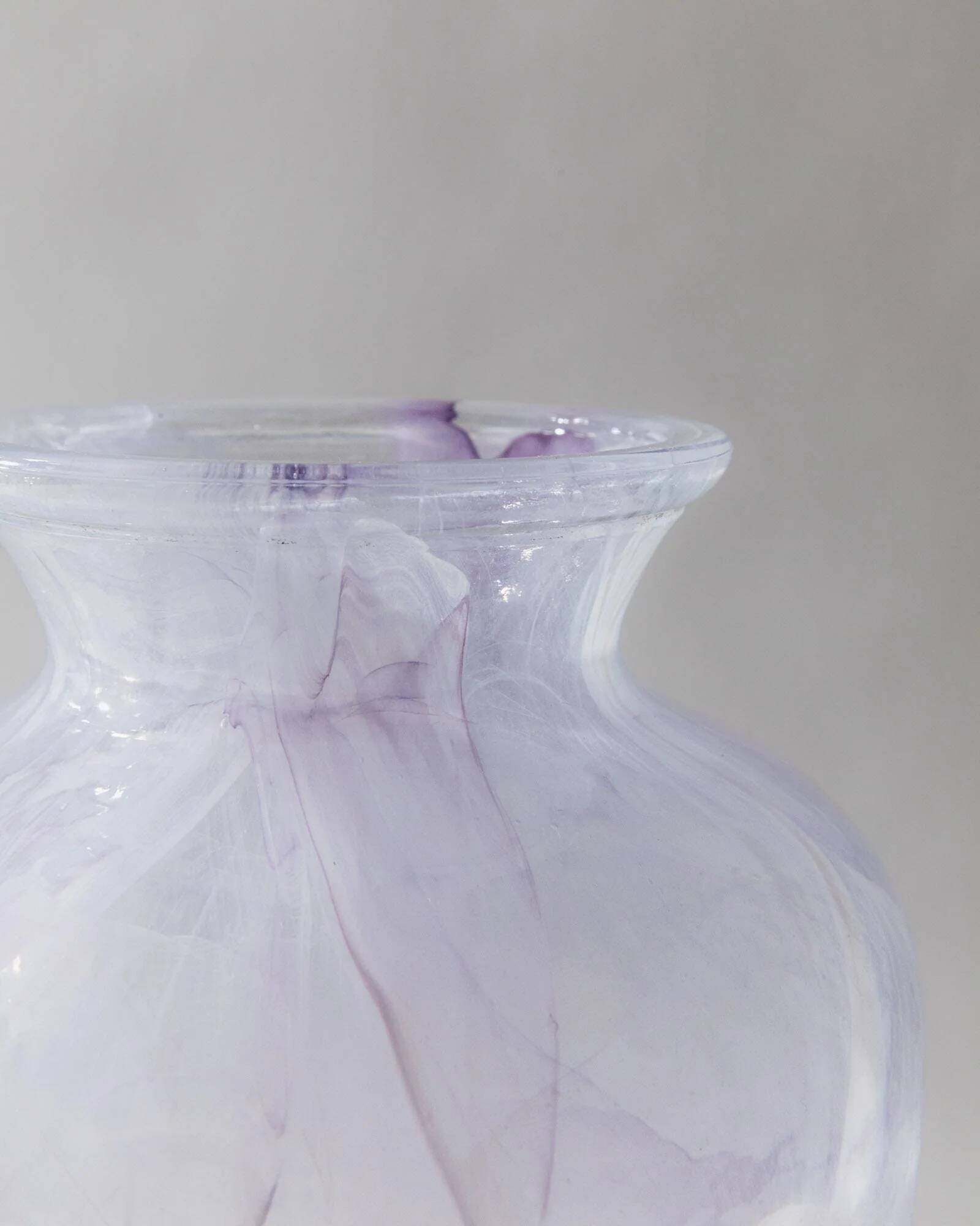 Vintage Murano glass vase from the 1970s, lilac and white swirl.