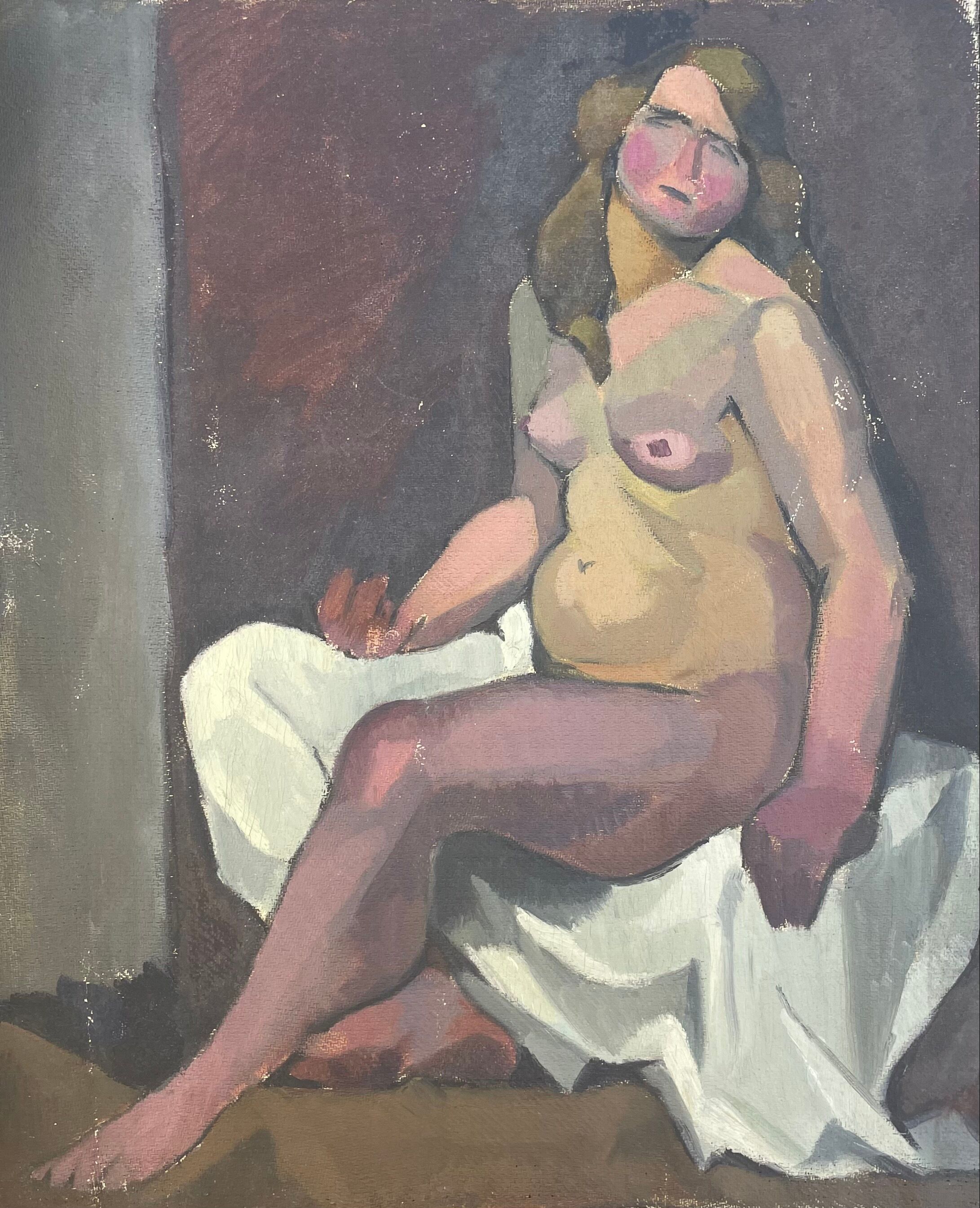 Tableau peinture ancienne nu féminin cubiste XXe