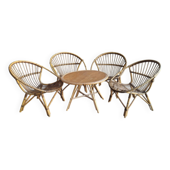 1960s rattan lounge, armchairs and table