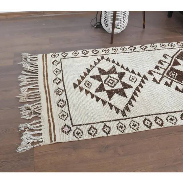 1970s Vintage Turkish Hand-Knotted Wool Cotton Beige Runner Rug  90x340