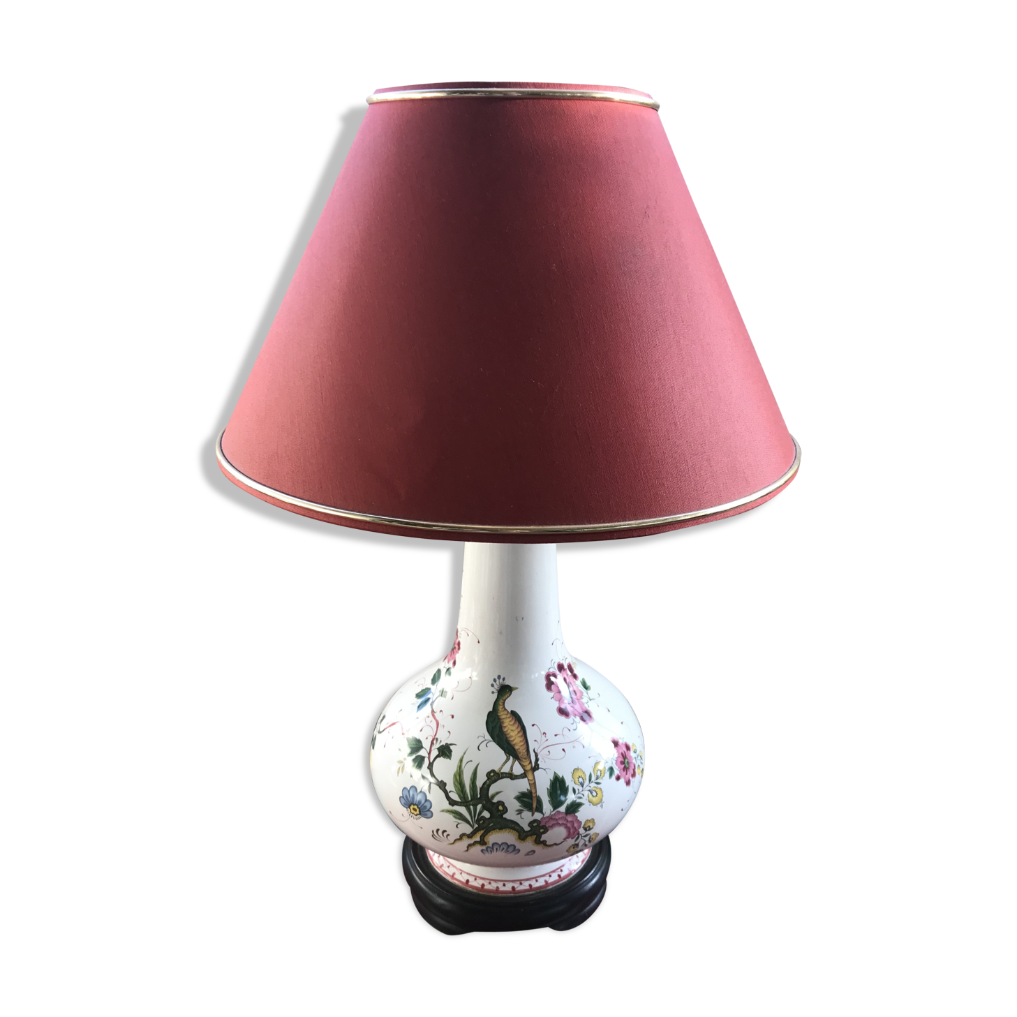 Old ceramic lamp art de Rodez in red burgundy vintage lampshade