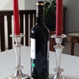 Pair of Regency-style candle holders in silver metal with hexagonal foot