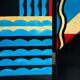 Room divider in art deco style with birds, geometric patterns, red, yellow, blue