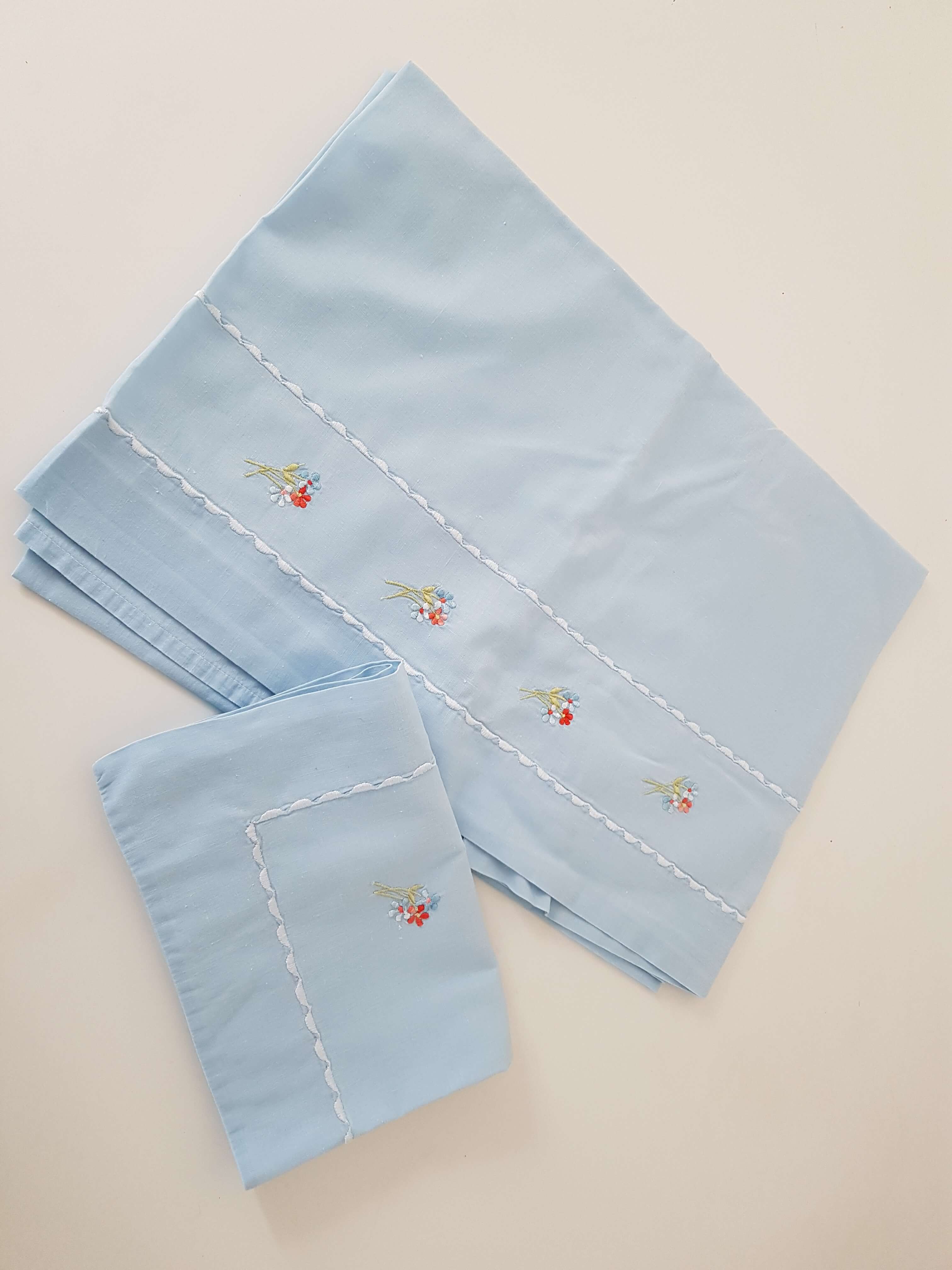 Old sky blue embroidered flat sheet