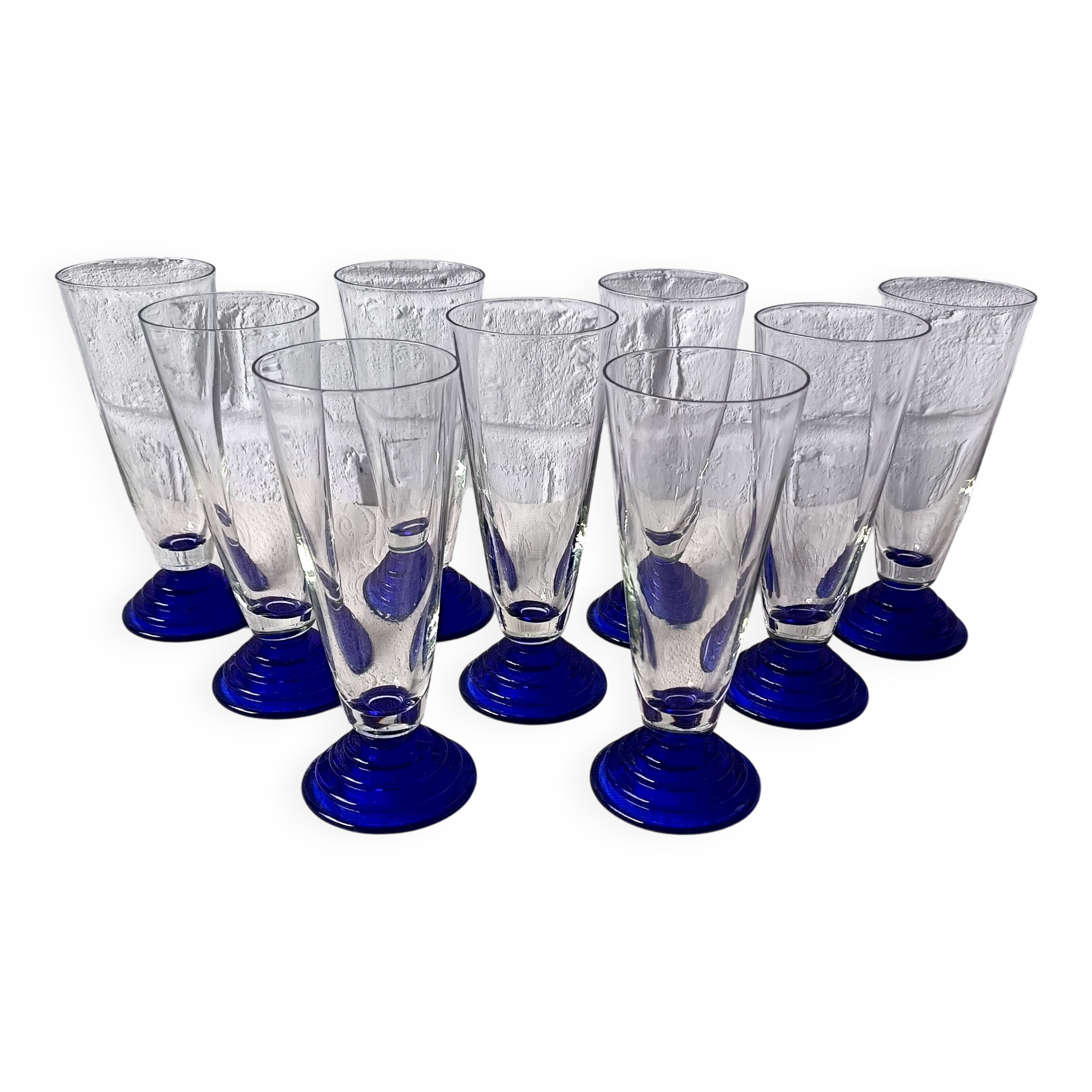 9 superb vintage cobalt blue glass stemmed flutes