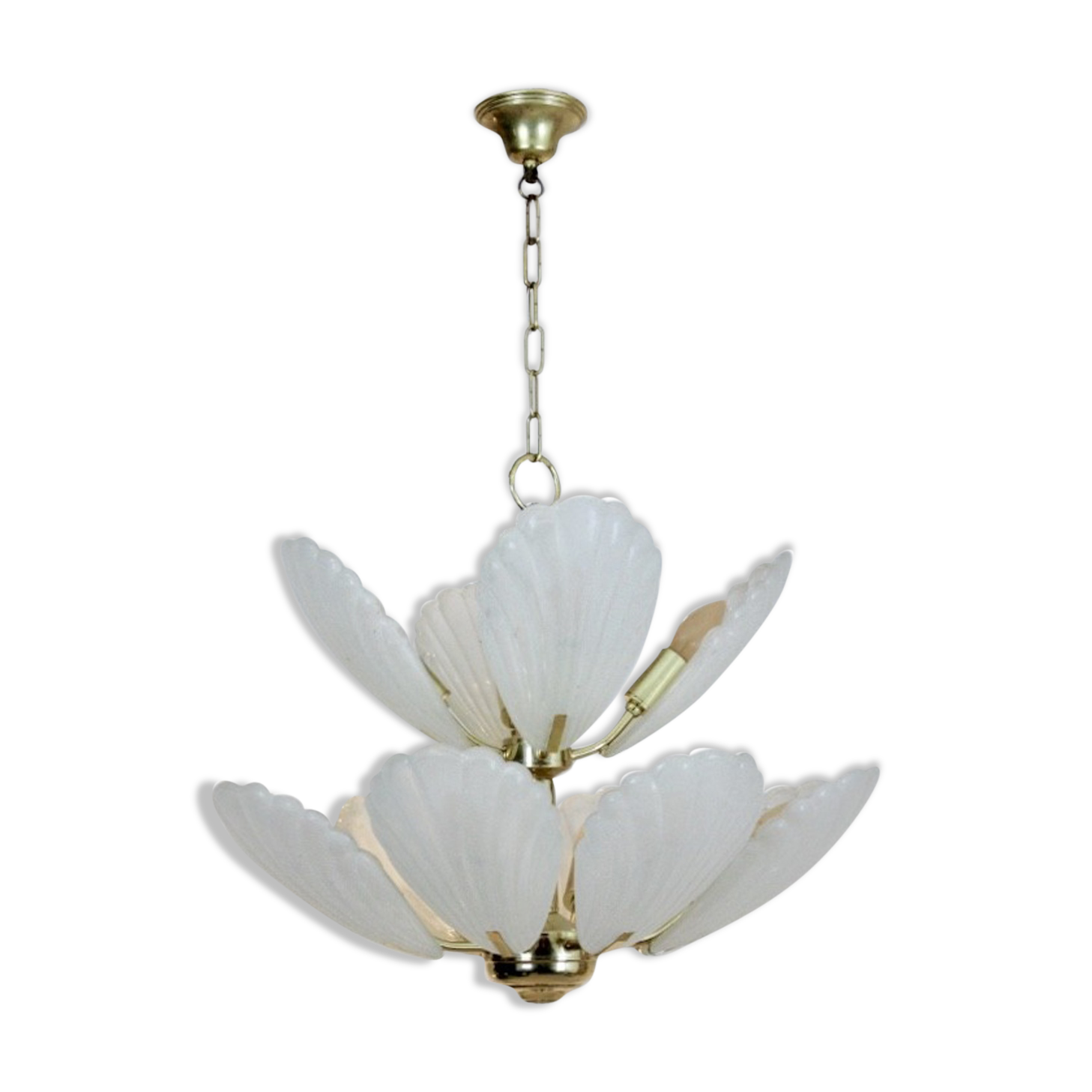 Lustre en laiton avec des coquilles de verre de Murano, années 1970