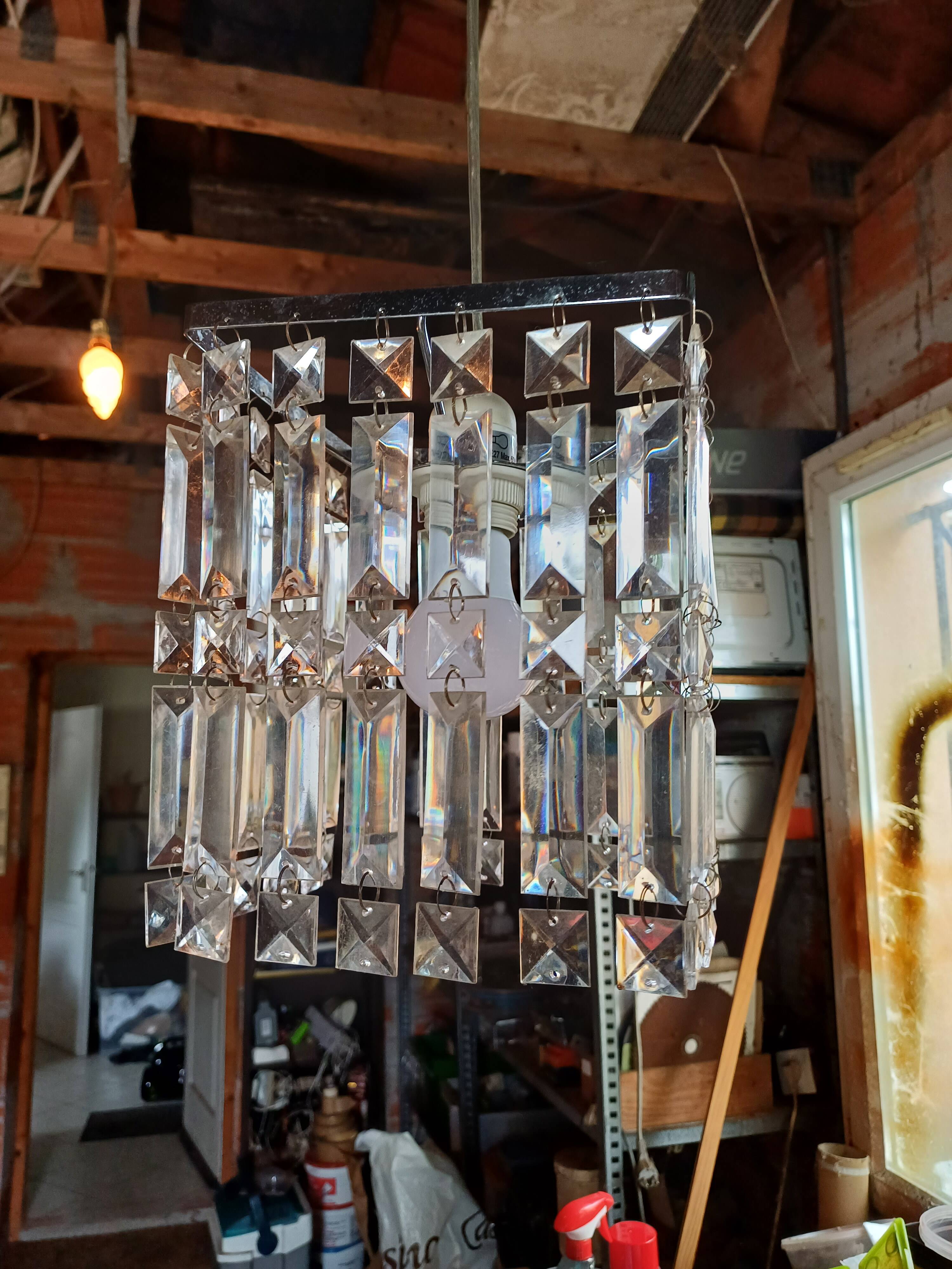 Vintage Chrome Chandelier and Transparent Plastic Pendants