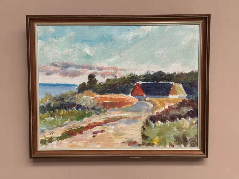 Original Swedish Oil on Canvas - 'Beach House in a Grove' by Carl Köhler - Signed - Vintage and Framed - 38 × 30 cm