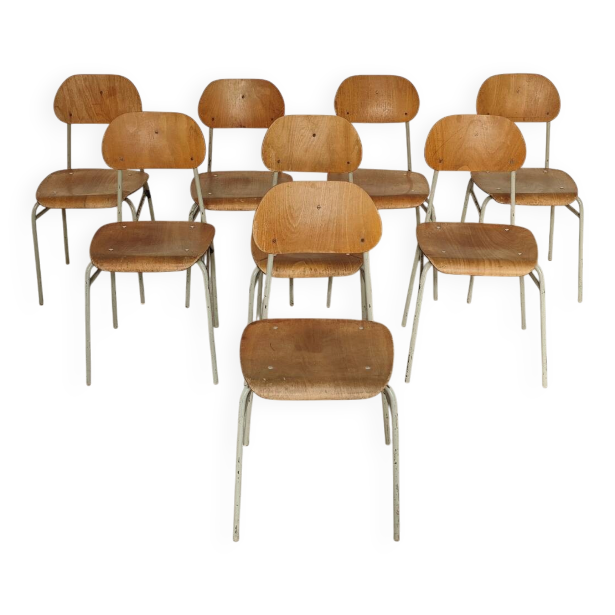 Set of 8 metal and wood school chairs  
Former Czechoslovakia 1960