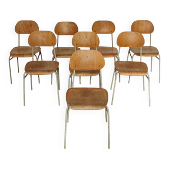 Set of 8 metal and wood school chairs  
Former Czechoslovakia 1960