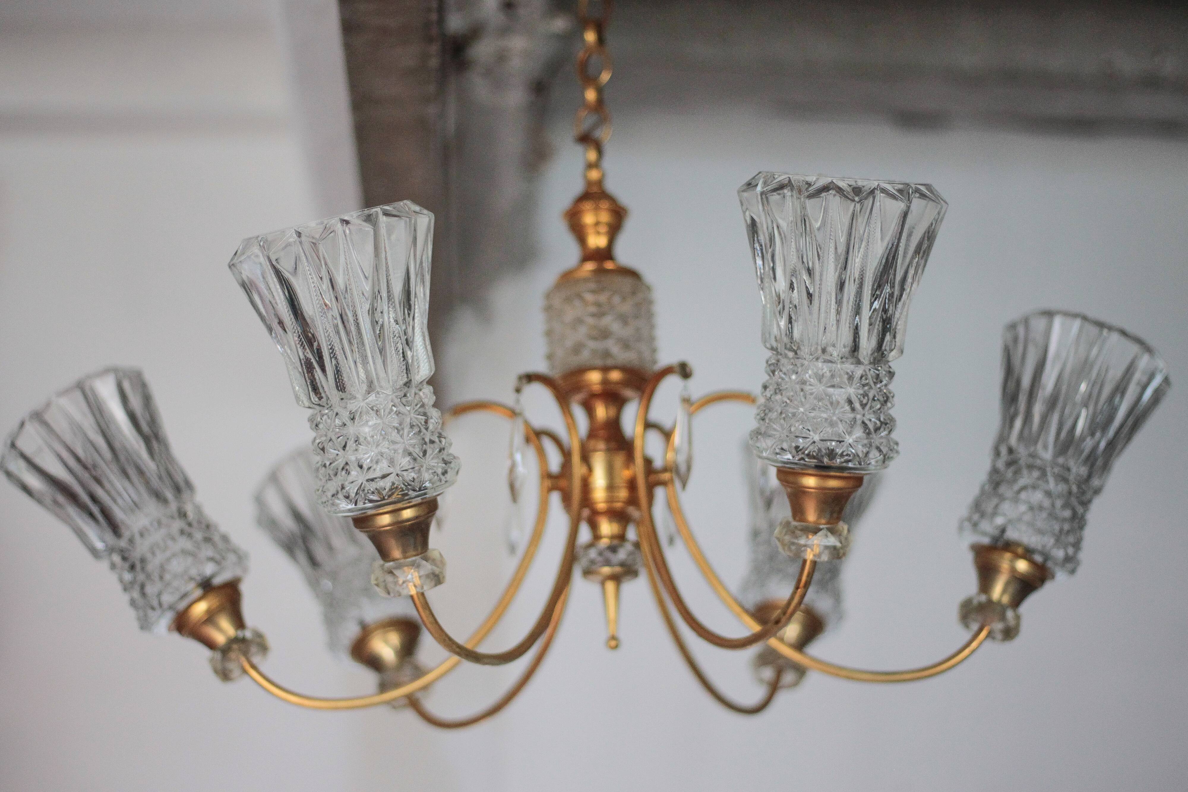 Vintage pendant light, brass pendant light with glass globe, 6-light chandelier