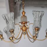 Vintage pendant light, brass pendant light with glass globe, 6-light chandelier