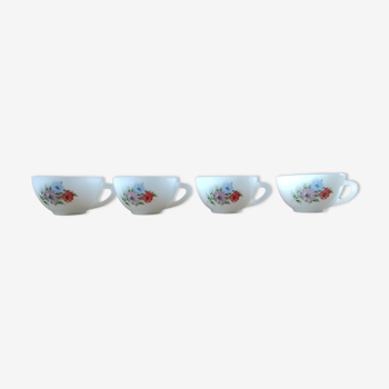 4 tasses vintage en verre Arcopal blanches fleurs bleue, rouge et violette