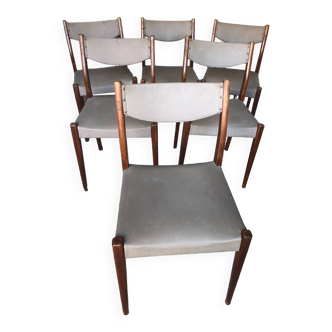 Series of 6 Scandinavian chairs in wood + gray skai, 70s vintage #a572