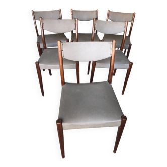 Series of 6 scandinavian chairs wood + gray skai 1970s vintage #a572