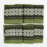 6 olive green Dralon napkins - white geometric patterns - vintage 60s