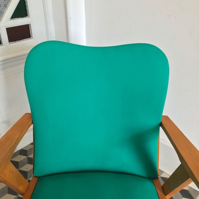 Fauteuil vintage bois et skaï vert