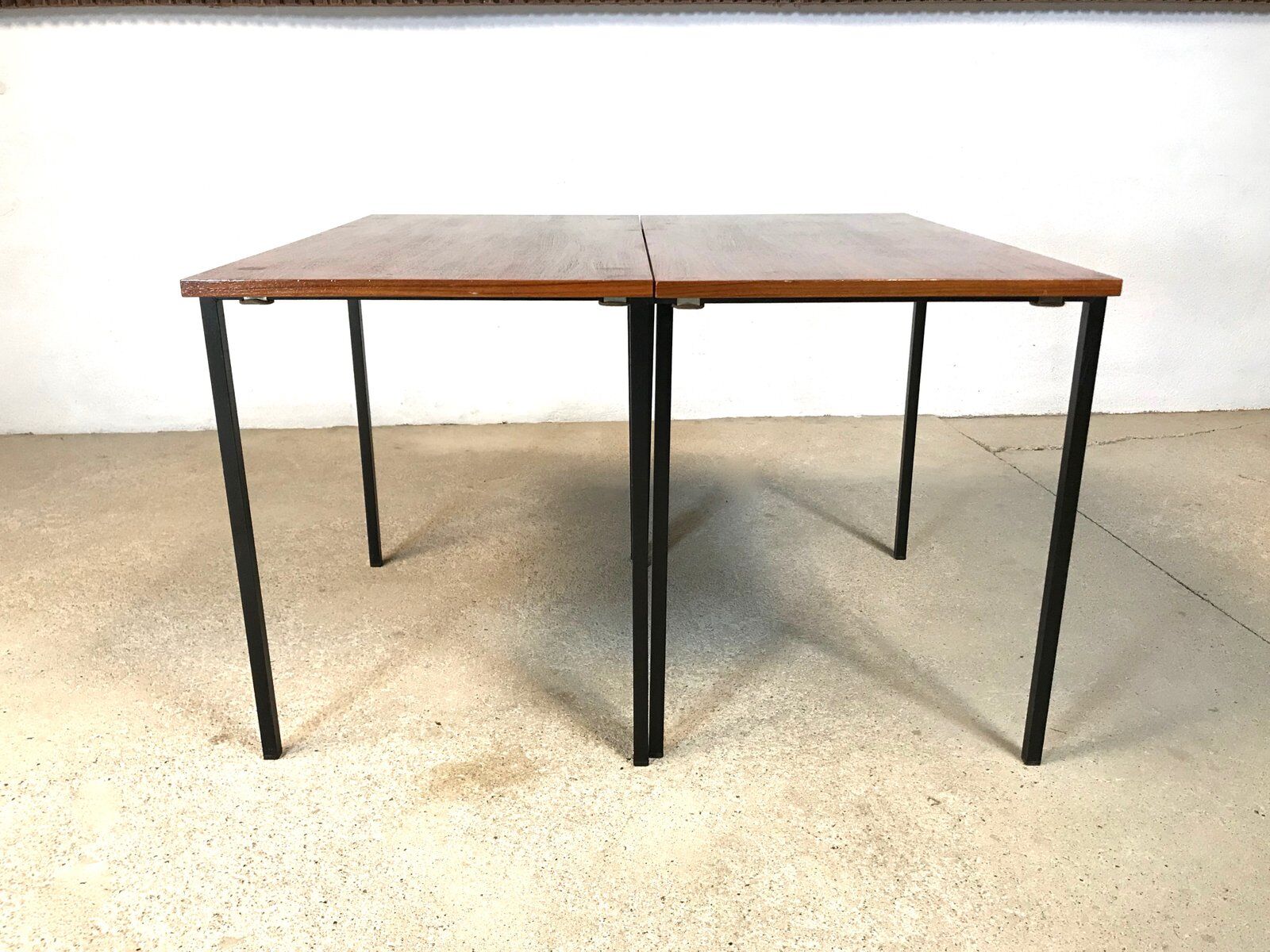 Minimalist walnut & steel stacking side tables, 1960s, Set of 2