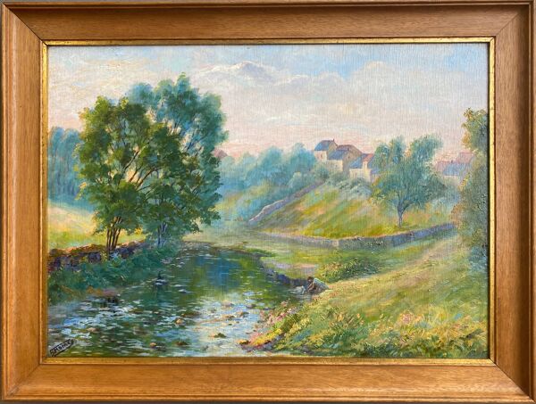 Huile sur panneau - Paysage de rivière