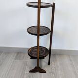Table pliante vintage triple plateaux gravés en bois exotique 89 cm