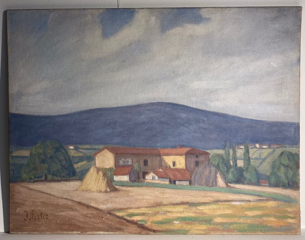 Old painting, landscape Monts du Lyonnais, signed and dated 1947