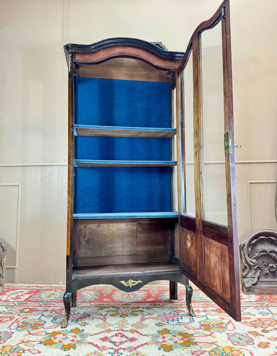 19th Century Transition Style Marquetry and Blackened Wood Display Cabinet