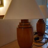 Pair of bedside lamps, varnished wooden foot, art deco spirit, 1980s/1990s