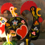 Retro wooden roosters vintage red green black and white Portugal