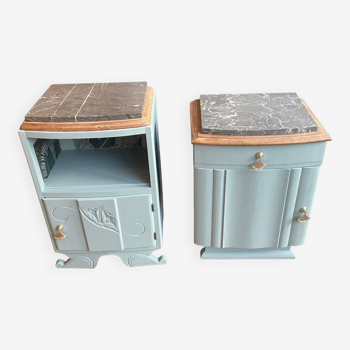 Pair of art deco nightstands revamped in sage green with gray marble tops